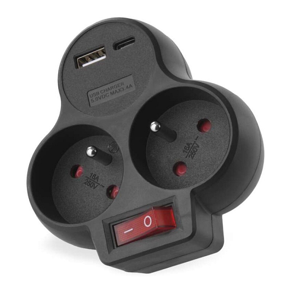 EMOS Rozbočovací zásuvka 2×, vyp., 1×USB-A+1×USB-C, černá