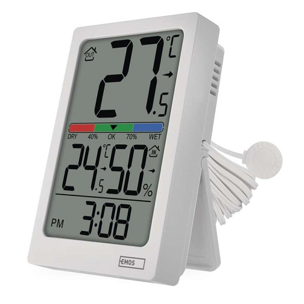 EMOS Digitální teploměr s vlhkoměrem, drátové čidlo, budík E0558P
