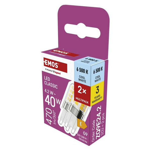 EMOS LED žárovka Classic JC / G9 / 4,2 W (40 W) / 470 lm / studená bílá / 2 ks