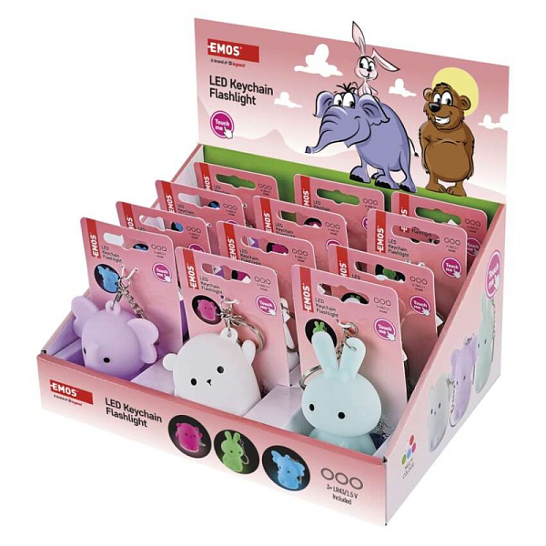 EMOS LED silikonová klíčenka - zvířátka, 12 ks, display box