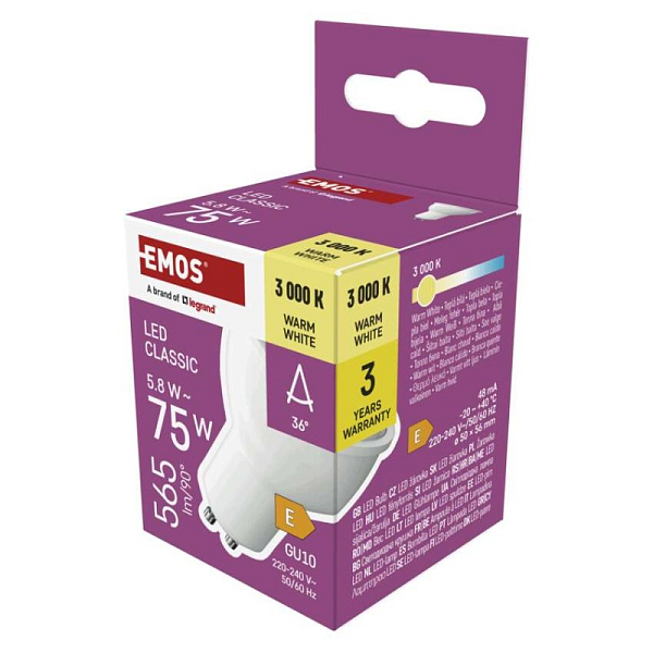 EMOS LED žárovka Classic MR16 bílá / GU10 / 5,8 W (75 W) / 565 lm / teplá bílá