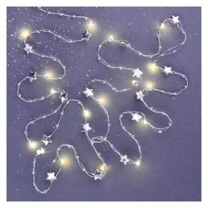 EMOS LED vánoční řetěz stříbrný – hvězdičky, 1,9 m, 2x AA, vnitřní, teplá bílá, časovač